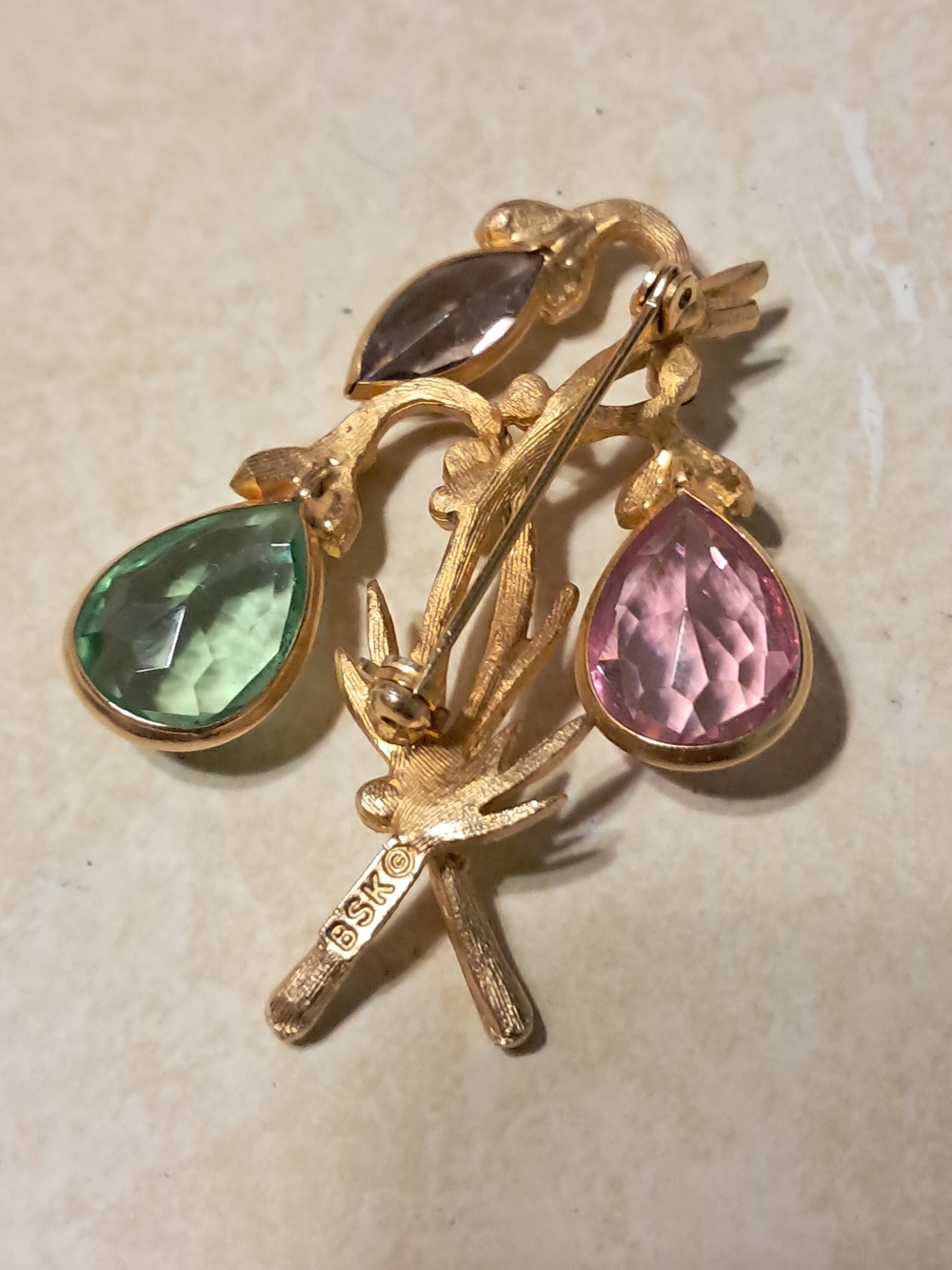 Vintage Gold Floral Brooch with Pink, Green & Smoky Teardrops
